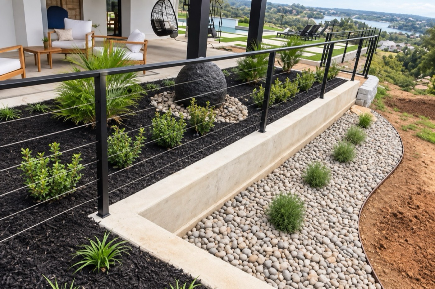 Dark mulch, decorative rock, and planted landscape beds