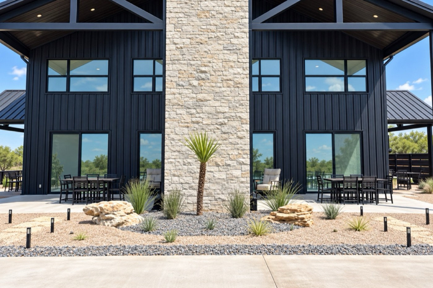 Decorative rock landscaping with plants beside a stone facade