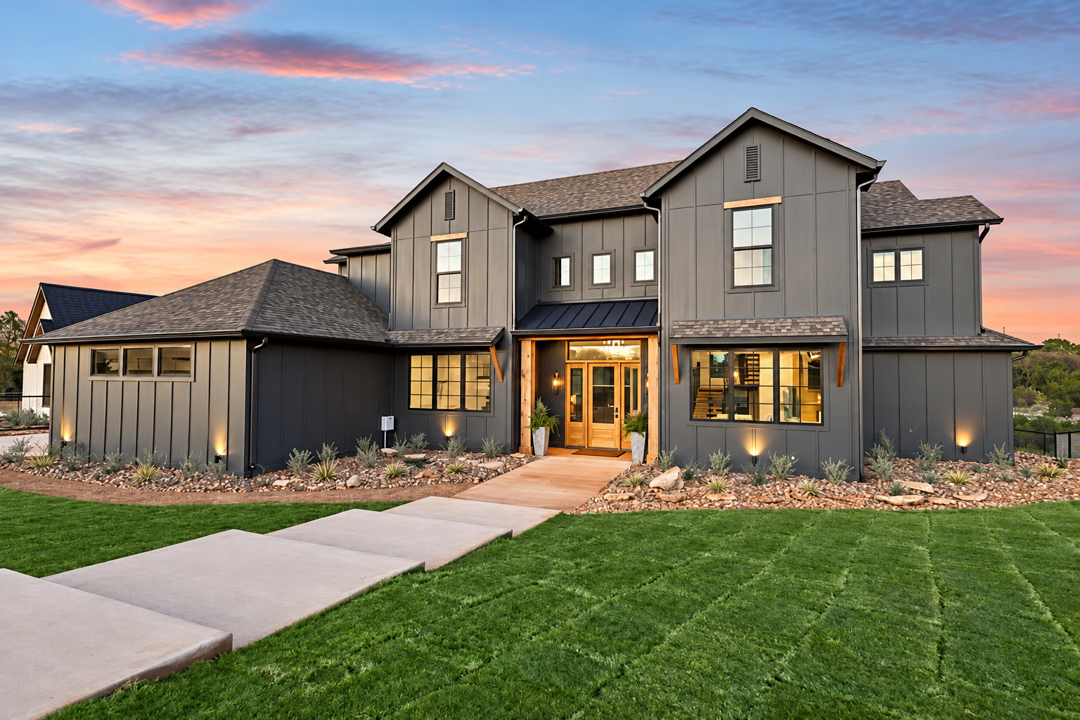 A landscaped home at sunset with lawn, planted stone beds and outdoor lighting